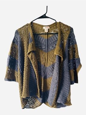 Route 66 Open-Front Striped Knit Poncho Cardigan - Blue and Olive Large